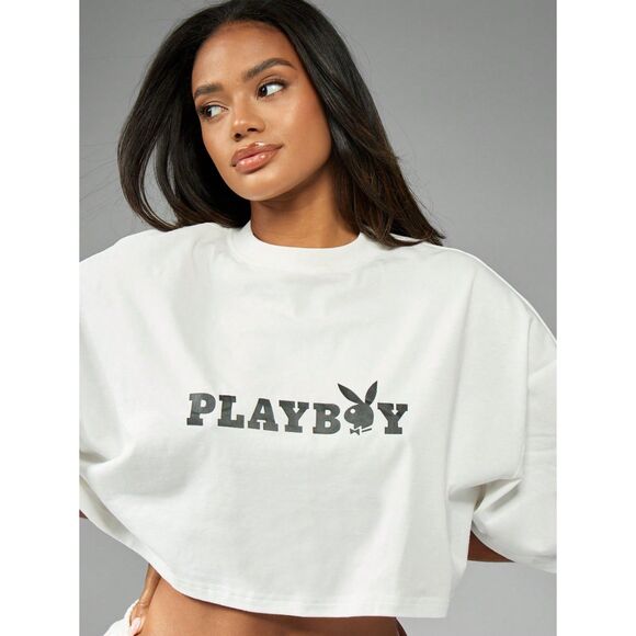 Playboy crop top white red & blue Y2K workout cutoff t-shirt size LARGE NWOT - Picture 8 of 8